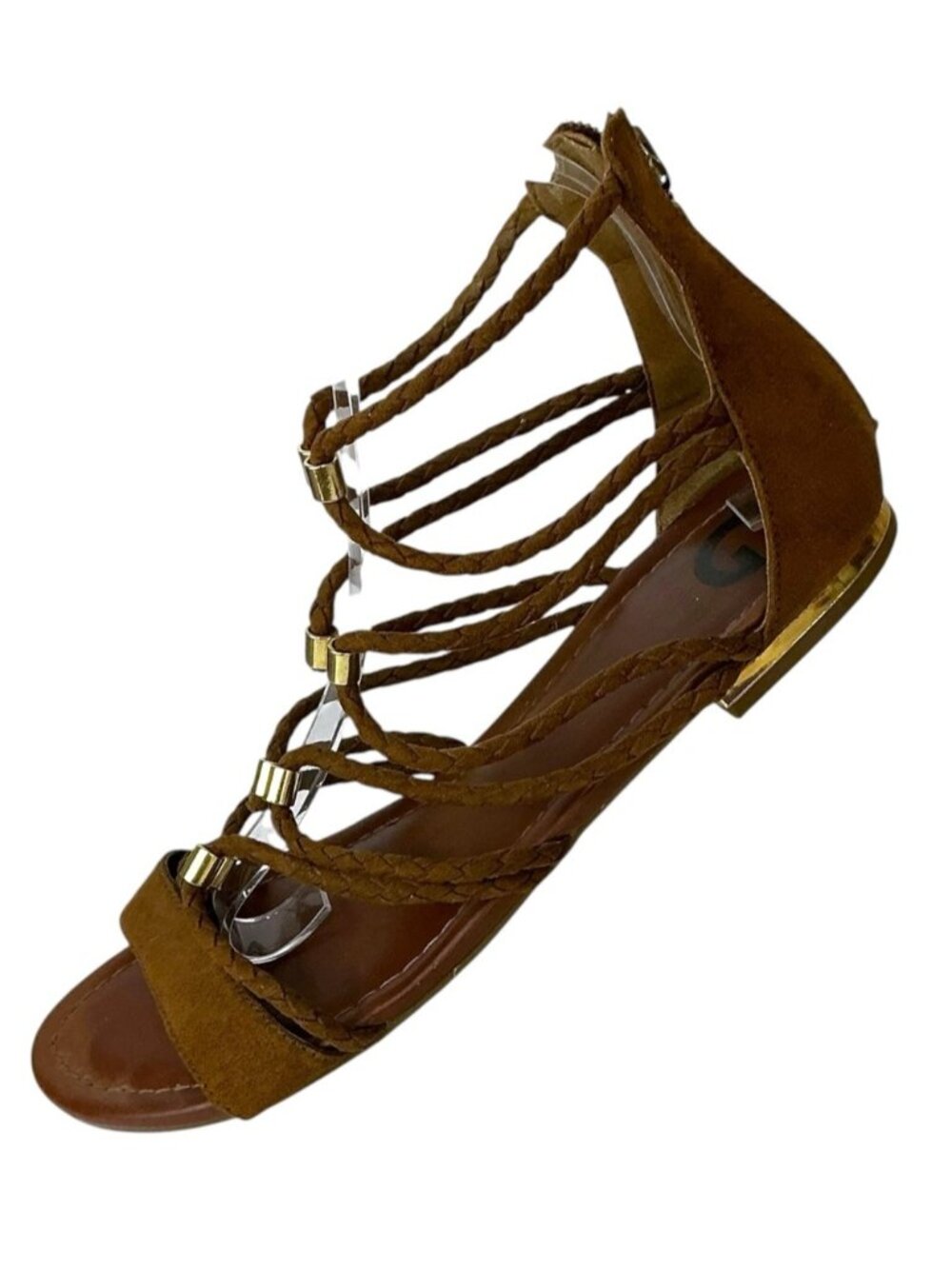 Guess Gladiator Sandals Suede Leather Strappy Gold Accents Brown 8 1/2 Medium - Picture 4 of 16